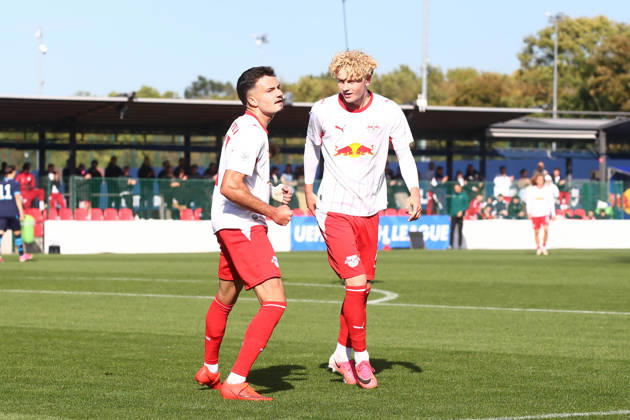 RB Leipzig U19 vs. PSV Eindhoven U19, UEFA Youth League, Leipzig, October 13, 2026, Cottaweg Training Center, Soccer, 2026–2027 Season, U19 Juniors, UEFA Youth League, Matchday 2, RB Leipzig U19 vs. PSV Eindhoven U19, Pictured: Goal for RB Leipzig, goal celebration after the 1–0, goal scorer Din Klapija, 21, RB, For editorial use only, UEFA regulations prohibit any use of photographs as image sequences and or quasi-video,