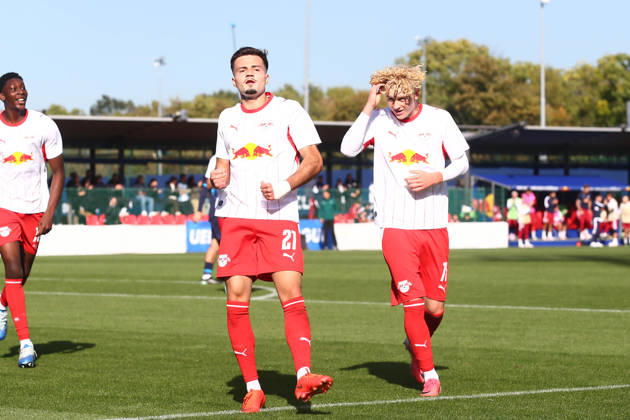 RB Leipzig U19 vs. PSV Eindhoven U19, UEFA Youth League, Leipzig, October 13, 2026, Cottaweg Training Center, Soccer, 2026–2027 Season, U19 Juniors, UEFA Youth League, Matchday 2, RB Leipzig U19 vs. PSV Eindhoven U19, Pictured: Goal for RB Leipzig, goal celebration after the 1–0, goal scorer Din Klapija, 21, RB, For editorial use only, UEFA regulations prohibit any use of photographs as image sequences and or quasi-video,