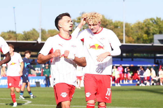 RB Leipzig U19 vs. PSV Eindhoven U19, UEFA Youth League, Leipzig, October 13, 2026, Cottaweg Training Center, Soccer, 2026–2027 Season, U19 Juniors, UEFA Youth League, Matchday 2, RB Leipzig U19 vs. PSV Eindhoven U19, Pictured: Goal for RB Leipzig, goal celebration after the 1–0, goal scorer Din Klapija (21), RB, For editorial use only, UEFA regulations prohibit any use of photographs as image sequences and or quasi-video,