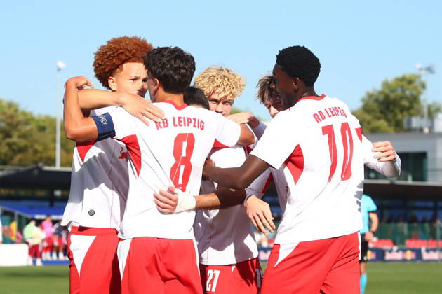 RB Leipzig U19 vs. PSV Eindhoven U19, UEFA Youth League, Leipzig, October 13, 2026, Cottaweg Training Center, Soccer, 2026–2027 Season, U19 Juniors, UEFA Youth League, Matchday 2, RB Leipzig U19 vs. PSV Eindhoven U19, Pictured: Goal for RB Leipzig, goal celebration after the 1–0, goal scorer Din Klapija (21), RB, For editorial use only, UEFA regulations prohibit any use of photographs as image sequences and or quasi-video,
