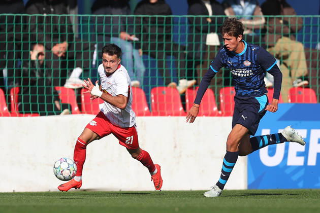 RB Leipzig U19 vs. PSV Eindhoven U19, UEFA Youth League, Leipzig, October 13, 2026, Cottaweg Training Center, Soccer, 2026–2027 Season, U19 Juniors, UEFA Youth League, Matchday 2, RB Leipzig U19 vs. PSV Eindhoven U19, Pictured: Din Klapija (21), RB, and Brent Jonkers (3), Eindhoven, For editorial use only, UEFA regulations prohibit any use of photographs as image sequences and or quasi-video,