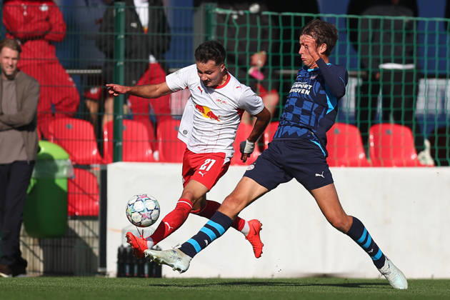 RB Leipzig U19 vs. PSV Eindhoven U19, UEFA Youth League, Leipzig, October 13, 2026, Cottaweg Training Center, Soccer, 2026–2027 Season, U19 Juniors, UEFA Youth League, Matchday 2, RB Leipzig U19 vs. PSV Eindhoven U19, Pictured: Din Klapija (21), RB, and Brent Jonkers (3), Eindhoven, For editorial use only, UEFA regulations prohibit any use of photographs as image sequences and or quasi-video,