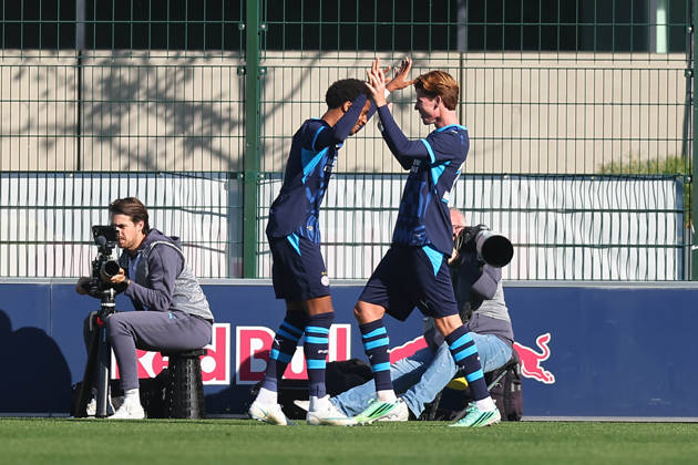 RB Leipzig U19 vs. PSV Eindhoven U19, UEFA Youth League, Leipzig, October 13, 2026, Cottaweg Training Center, Soccer, 2026–2027 Season, U19 Juniors, UEFA Youth League, Matchday 2, RB Leipzig U19 vs. PSV Eindhoven U19, Pictured: Goal for Eindhoven, goal celebration after the 1–1 tie, goal scorer Austyn Jones 9, Eindhoven, For editorial use only, UEFA regulations prohibit any use of photographs as image sequences and or quasi-video,