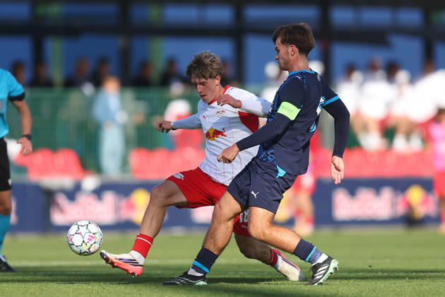 RB Leipzig U19 vs. PSV Eindhoven U19, UEFA Youth League, Leipzig, October 13, 2026, Cottaweg Training Center, Soccer, 2026–2027 Season, U19 Juniors, UEFA Youth League, Matchday 2, RB Leipzig U19 vs. PSV Eindhoven U19, Pictured from left: Vincent Clair (18), RB, and Sebastien Ditmer (6), Eindhoven, For editorial use only, UEFA regulations prohibit any use of photographs as image sequences and or quasi-video,