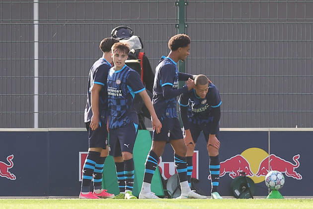 RB Leipzig U19 vs. PSV Eindhoven U19, UEFA Youth League, Leipzig, October 13, 2026, Cottaweg Training Center, Soccer, 2026–2027 Season, U19 Juniors, UEFA Youth League, Matchday 2, RB Leipzig U19 vs. PSV Eindhoven U19 1–6 (1–1), Pictured: Goal for Eindhoven, goal celebration after the 1–2, goal scorer Austyn Jones 9, Eindhoven, For editorial use only, UEFA regulations prohibit any use of photographs as image sequences and or quasi-video,