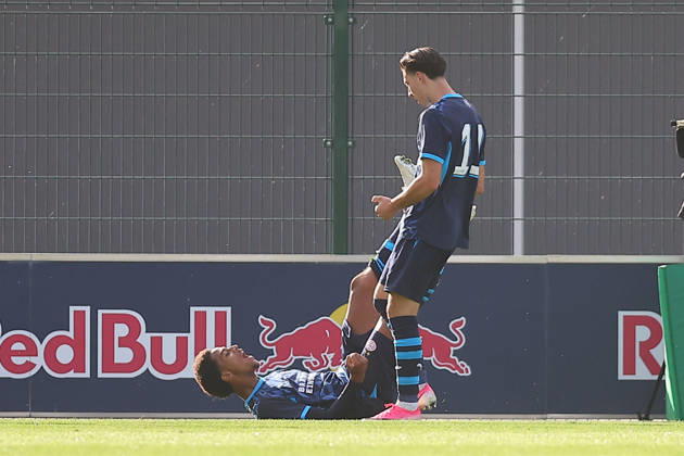 RB Leipzig U19 vs. PSV Eindhoven U19, UEFA Youth League, Leipzig, October 13, 2026, Cottaweg Training Center, Soccer, 2026–2027 Season, U19 Juniors, UEFA Youth League, Matchday 2, RB Leipzig U19 vs. PSV Eindhoven U19 1–6 (1–1), Pictured: Goal for Eindhoven, goal celebration after the 1–2, goal scorer Austyn Jones 9, Eindhoven, For editorial use only, UEFA regulations prohibit any use of photographs as image sequences and or quasi-video,