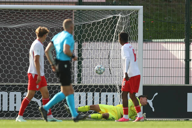 RB Leipzig U19 vs. PSV Eindhoven U19, UEFA Youth League, Leipzig, October 13, 2026, Cottaweg Training Center, Soccer, 2026–2027 Season, U19 Juniors, UEFA Youth League, Matchday 2, RB Leipzig U19 vs. PSV Eindhoven U19 1–6 (1–1), Pictured: Goal for Eindhoven by Emre Duran Can (14); Eindhoven scores to make it 1–3; For editorial use only; UEFA regulations prohibit any use of photographs as image sequences and or quasi-video,
