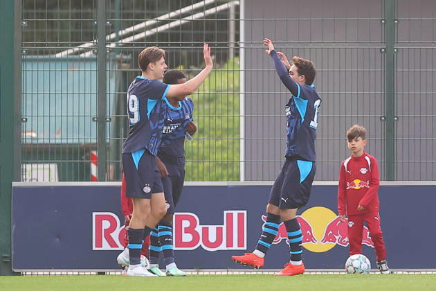 RB Leipzig U19 vs. PSV Eindhoven U19, UEFA Youth League, Leipzig, October 13, 2026, Cottaweg Training Center, Soccer, 2026–2027 Season, U19 Juniors, UEFA Youth League, Matchday 2, RB Leipzig U19 vs. PSV Eindhoven U19 1–6 (1–1), Pictured: Goal for Eindhoven, goal celebration after the 1–5, goal scorer Liam van Nistelrooy, 19, Eindhoven, For editorial use only, UEFA regulations prohibit any use of photographs as image sequences and or quasi-video,