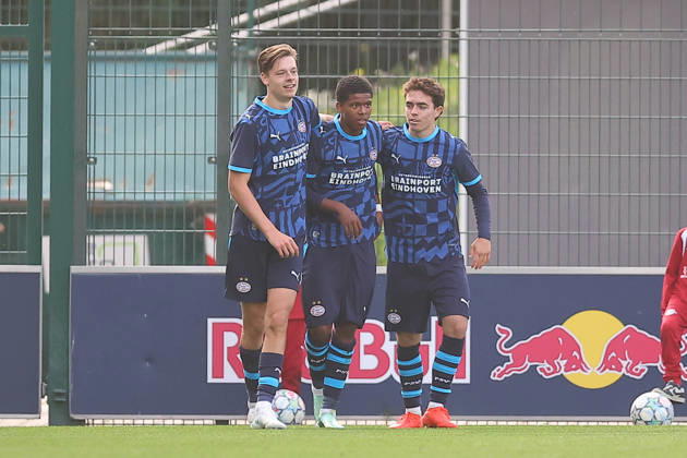 RB Leipzig U19 vs. PSV Eindhoven U19, UEFA Youth League, Leipzig, October 13, 2026, Cottaweg Training Center, Soccer, 2026–2027 Season, U19 Juniors, UEFA Youth League, Matchday 2, RB Leipzig U19 vs. PSV Eindhoven U19 1–6 (1–1), Pictured: Goal for Eindhoven, goal celebration after the 1–5, goal scorer Liam van Nistelrooy, 19, Eindhoven, For editorial use only, UEFA regulations prohibit any use of photographs as image sequences and or quasi-video,