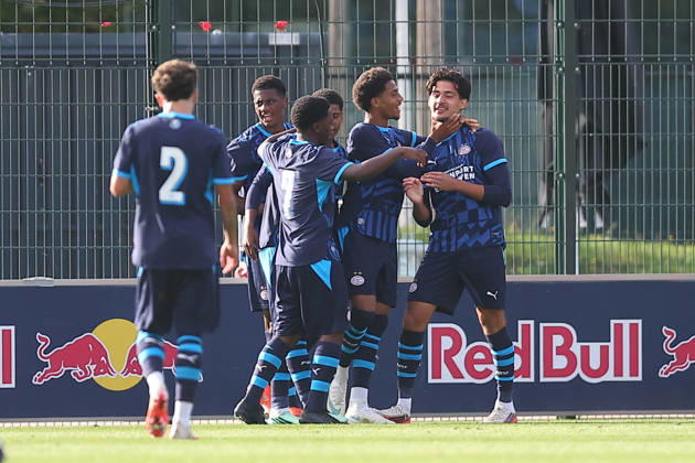 RB Leipzig U19 vs. PSV Eindhoven U19, UEFA Youth League, Leipzig, October 13, 2026, Cottaweg Training Center, Soccer, 2026–2027 Season, U19 Juniors, UEFA Youth League, Matchday 2, RB Leipzig U19 vs. PSV Eindhoven U19 1–6 (1–1), Pictured: Goal for Eindhoven, goal celebration after the 1–3, goal scorer Emre Duran Can (14), Eindhoven, For editorial use only, UEFA regulations prohibit any use of photographs as image sequences and or quasi-video,