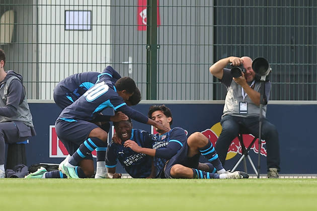 RB Leipzig U19 vs. PSV Eindhoven U19, UEFA Youth League, Leipzig, October 13, 2026, Cottaweg Training Center, Soccer, 2026–2027 Season, U19 Juniors, UEFA Youth League, Matchday 2, RB Leipzig U19 vs. PSV Eindhoven U19 1–6 (1–1), Pictured: Goal for Eindhoven, goal celebration after the 1–4, goal scorer Samuel Dumbili 7, Eindhoven, For editorial use only, UEFA regulations prohibit any use of photographs as image sequences and or quasi-video,
