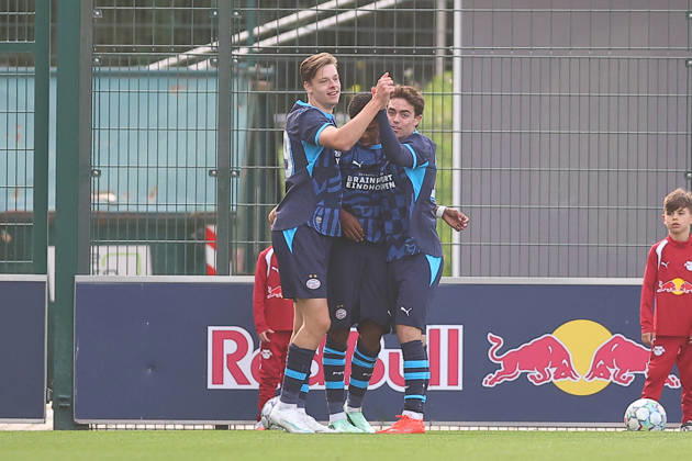 RB Leipzig U19 vs. PSV Eindhoven U19, UEFA Youth League, Leipzig, October 13, 2026, Cottaweg Training Center, Soccer, 2026–2027 Season, U19 Juniors, UEFA Youth League, Matchday 2, RB Leipzig U19 vs. PSV Eindhoven U19 1–6 (1–1), Pictured: Goal for Eindhoven, goal celebration after the 1–5, goal scorer Liam van Nistelrooy, 19, Eindhoven, For editorial use only, UEFA regulations prohibit any use of photographs as image sequences and or quasi-video,