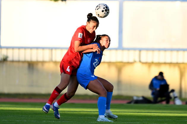 DOMZALE, SLOVENIA - OCTOBER 13: Maja Sternad of Slovenia (R) in action against Eda Karatas of Turkey (L) during the UEFA Women’s European Qualifiers for 2027 World Cup Play-offs Round 1, 2nd leg match between Slovenia and Turkey at Sports Park Domzale, Domzale on October 13, 2026 in Domzale, Slovenia. (Photo by Igor Kupljenik Sports Press Photo). Copyright: xIgorxKupljenikx xSPPx Sportspressphoto_SPR254236
