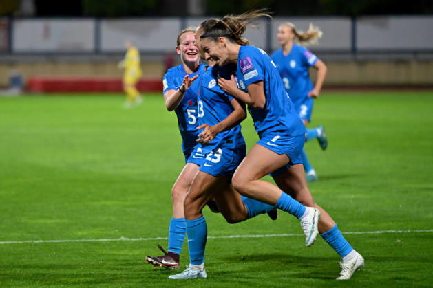 DOMZALE, SLOVENIA - OCTOBER 13: Maja Sternad of Slovenia (C) celebrate score during the UEFA Women’s European Qualifiers for 2027 World Cup Play-offs Round 1, 2nd leg match between Slovenia and Turkey at Sports Park Domzale, Domzale on October 13, 2026 in Domzale, Slovenia. (Photo by Igor Kupljenik Sports Press Photo). Copyright: xIgorxKupljenikx xSPPx Sportspressphoto_SPR254281