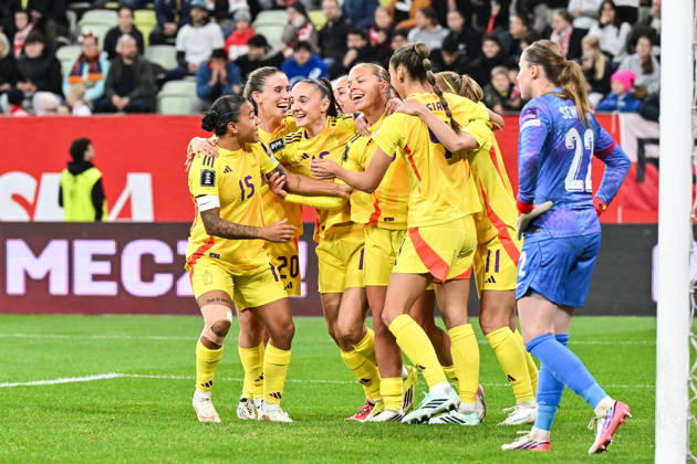 POLAND VS BELGIUM Amy Littel (3) of Belgium scores 1-1 and Belgium celebrate during a female soccer game between the national teams of Poland and Belgium , called the Red Flames , in the play-offs round 1 and 2nd leg for the European qualifiers , on Tuesday 13 October 2026 in Gdansk , POLAND . PHOTO SPORTPIX Stijn Audooren Sportpix.be Gdansk Polsat Plus Arena POLAND Copyright: xSportpix.bex xStijnxAudoorenxStijnxAudoorenx xSportpix.bex