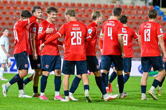 Unterhaching players celebrating a goal, cheering, goal celebration, scoring a goal, celebrating the goal, goal, celebration, cheering over the goal that made it 3-0 by Andy Breuer of Unterhaching, 26, optimistic, action, October 13, 2026, Unterhaching, Germany, soccer, Bavarian Regional League, SpVgg Unterhaching vs. TSV 1882 Landsberg xslx