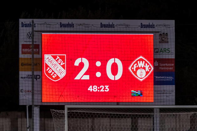 Scoreboard showing the score of 2–0 at halftime (GER), TSV Havelse vs. FC Würzburger Kickers, soccer, 3. Liga, Matchday 9, 2026–2027 season, October 13, 2026 DFL regulations prohibit the use of photographs as image sequences and or quasi-video GER, TSV Havelse vs. FC Würzburger Kickers, soccer, 3. Liga, Matchday 9, 2026–2027 season, October 13, 2026, Hanover Copyright: xEibner-Pressefoto JanxRollingerx EP_JSK