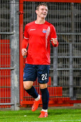Goal scorer Cornelius Pfeiffer of Unterhaching, 22, celebrating a goal, celebration, goal celebration, goal scored, celebrating the goal, goal, celebration, celebrating the 1-0 goal, optimistic, cutout, single frame, action, 13 10 2026, Unterhaching, Germany, soccer, Bavarian Regional League, SpVgg Unterhaching vs. TSV 1882 Landsberg xslx