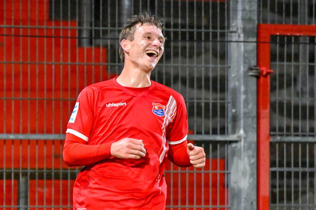 Goal scorer Cornelius Pfeiffer of Unterhaching, 22, celebrating a goal, celebration, goal celebration, scoring a goal, celebrating the goal, goal, celebration, celebrating the 1-0 goal, optimistic, single frame, action, 13 10 2026, Unterhaching, Germany, soccer, Bavarian Regional League, SpVgg Unterhaching vs. TSV 1882 Landsberg xslx