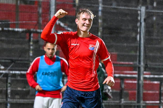 Goal scorer Cornelius Pfeiffer of Unterhaching, 22, celebrating a goal, celebration, goal celebration, scoring a goal, celebrating the goal, goal, celebration, celebrating the 2-0 goal, optimistic, single frame, action, 13 10 2026, Unterhaching, Germany, soccer, Bavarian Regional League, SpVgg Unterhaching vs. TSV 1882 Landsberg xslx