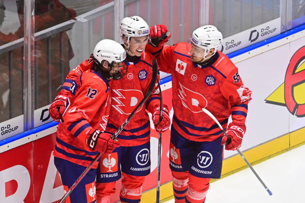 Ice hockey, Eishockey Champions League match: HC Dynamo Pardubice vs Vaxjo Lakers Hockey Club in Pardubice, Czech Republic, October 13, 2026. From left Matus Valek, Teodor Vapenik, Tomas Vondracek of Pardubice celebrate goal. (CTKxPhoto JosefxVostarek) CTKPhotoP2026101307278  CTKPhotoP2026101307278