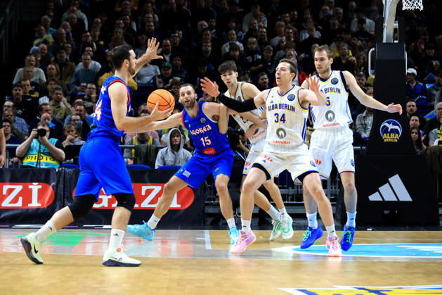 October 13, 2026, Germany, GER, DEU, Basketball, Champions League (BCL), Day 1, 2026–2027 Season, Berlin, ALBA Berlin vs. Igokea, Malte Delow (ALBA Berlin) 6, Brandon Angel (ALBA Berlin) 21, Justin Bean (ALBA Berlin) 34, Petar Kovacevic (Igokea) 14, Djordje Topolovic (Igokea) 15, nordphoto GmbH, Engler, Berlin, Uber Arena, Berlin, Germany Copyright: xNordphotox xEnglerx