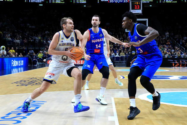 October 13, 2026, Germany, GER, DEU, Basketball, Champions League (BCL), Day 1, 2026–2027 Season, Berlin, ALBA Berlin vs. Igokea MALTE DELOW ALBA Berlin 6, Petar Kovacevic Igokea 14, Joel Armotrading Igokea 3 nordphoto GmbH Engler Berlin Uber Arena Berlin Germany Copyright: xNordphotox xEnglerx
