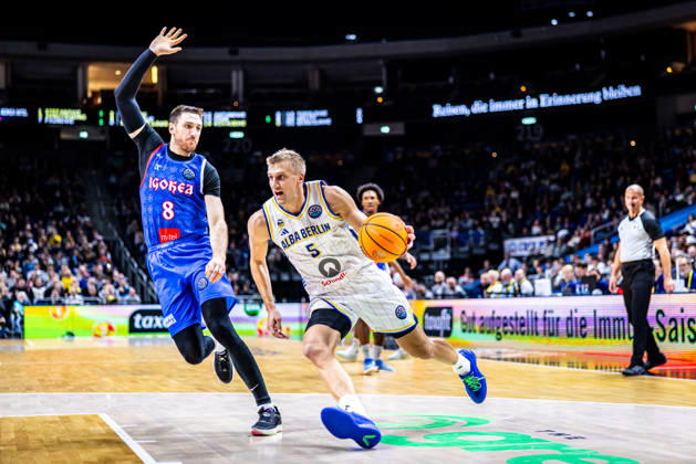 Basketball Berlin, October 13, 2026; 2026–2027 Season; FIBA BCL Regular Season, Group G; Basketball Champions League; Alba Berlin vs. Igokea M. Tel. Aleksandrovac; Sam Griesel (Alba Berlin), No. 05; Aleksandar Lazic (Igokea), No. 08