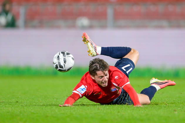 Samuel Weiss of Unterhaching, 17, goes down after a foul; free kick; single frame; action; 13 10 2026; Unterhaching, Germany; soccer; Bavarian Regional League; SpVgg Unterhaching vs. TSV 1882 Landsberg xslx