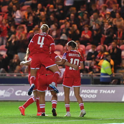 Llanelli, Wales, October 13th 2026 Elise Hughes of Wales celebrates with her team after scoring her sides 2nd goal during the 2027 FIFA Women s World Cup - WEQ Play-offs Round 1 - between Wales and Albania on 13th Oct 2026 at Parc Y Scarlets (Photo by Jeff Thomas Sports Press Photo) Copyright: xJeffxThomas SportsxPressxPhotox Sportspressphoto_SPR254461