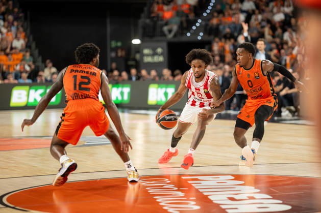 EuroLeague Round 5 match between Valencia Basket and Olympiacos Piraeu Jean Montero of Olympiacos Piraeus in action during the EuroLeague Round 5 match between Valencia Basket and Olympiacos Piraeu at Roig Arena, (Valencia ) on October 13, 2026. Copyright: xVicentexVidalxFernandezx