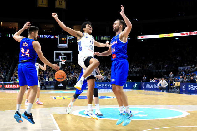 October 13, 2026, Germany, GER, DEU, Basketball, Champions League (BCL), Day 1, 2026–2027 Season, Berlin, ALBA Berlin vs. Igokea, BRANDON ANGEL (ALBA Berlin) 21, Djordje Topolovic (Igokea) 15, Armin Hrstic (Igokea) 24, nordphoto GmbH, Engler, Berlin, Uber Arena, Berlin, Germany Copyright: xNordphotox xEnglerx