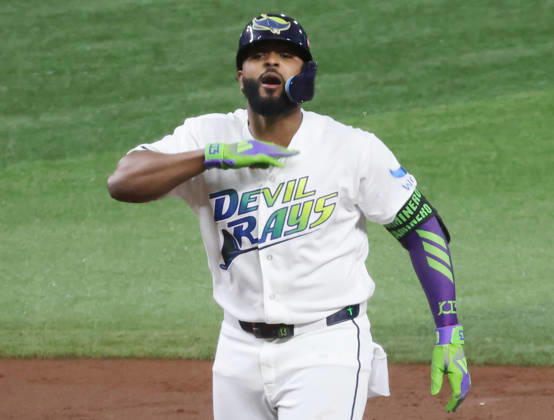 Tampa Bay Ray Junior Caminero (13) celebrates on second base after hitting a double against the Cleveland Guardians in the first inning in game two of the MLB, Baseball Herren, USA American League Championship Series playoffs at Tropicana Field in St Petersburg, Florida, on Tuesday, October 13, 2026.  TPB20261013704 GARYxBOGDON