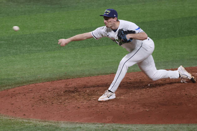 Tampa Bay Rays pitcher Kevin Kelly (49) throws against the Cleveland Guardians in the seventh inning in game two of the MLB, Baseball Herren, USA American League Championship Series playoffs at Tropicana Field in St Petersburg, Florida, on Tuesday, October 13, 2026.  TPB20261013727 GARYxBOGDON