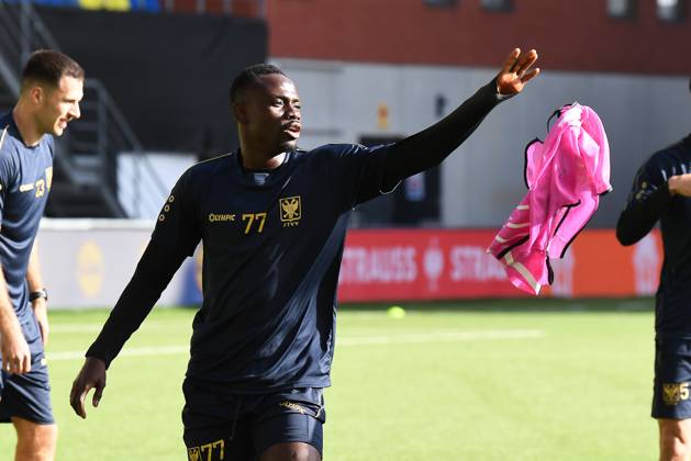 STVV s Oumar Diouf pictured during a training session of Belgian soccer team Sint-Truidense VV, Wednesday 14 October 2026 in Sint-Truiden. The team is preparing for the opening match of the UEFA Conference League league phase against Georgian FC Iberia 1999 Tbilisi tomorrow. JILLxDELSAUX  x189775365x
