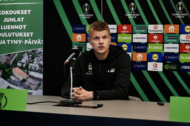 Ahead of the KuPS Kuopio v Trabzonspor - UEFA Conference League TAMPERE, FINLAND - OCTOBER 14: KuPS Kuopio head coach Miika Nuutinen (not seen) and player Petteri Pennanen attend a pre-match press conference, PK, Pressekonferenz at Tammelan stadion in Tampere, Finland on October 14, 2026. With KuPS hosting their UEFA Conference League opening match against Trabzonspor away from Kuopio due to stadium criteria, the team held their official media briefing at the 8,000-capacity venue. Seyit Ahmet Eksik Anadolu Tampere Finland. Editorial use only. Please get in touch for any other usage.  Copyright: x2026xAnadoluxSeyitxAhmetxEksikx