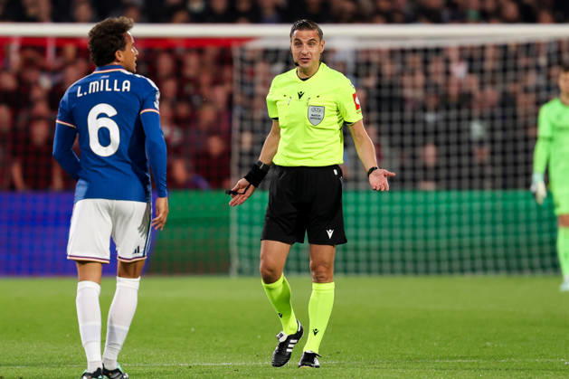 2026-10-14 Feyenoord v Como - UEFA Champions League, league phase, matchday 2 ROTTERDAM, NETHERLANDS - OCTOBER 14: Referee Donatas Rumsas gestures during the UEFA Champions League, league phase, matchday 2 match between Feyenoord and Como at Stadion Feijenoord on October 14, 2026 in Rotterdam, Netherlands. Rotterdam Stadion Feijenoord Netherlands Content not available for redistribution in The Netherlands directly or indirectly through any third parties. Copyright: xHansxvanxderxValkx