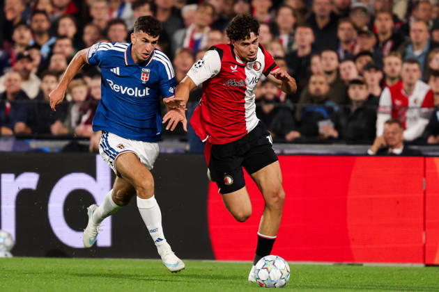 2026-10-14 Feyenoord v Como - UEFA Champions League, league phase, matchday 2 ROTTERDAM, NETHERLANDS - OCTOBER 14: Nacho Ferri of Feyenoord battles for the ball with Jacobo Ramon of Como during the UEFA Champions League, league phase, matchday 2 match between Feyenoord and Como at Stadion Feijenoord on October 14, 2026 in Rotterdam, Netherlands. Rotterdam Stadion Feijenoord Netherlands Content not available for redistribution in The Netherlands directly or indirectly through any third parties. Copyright: xHansxvanxderxValkx