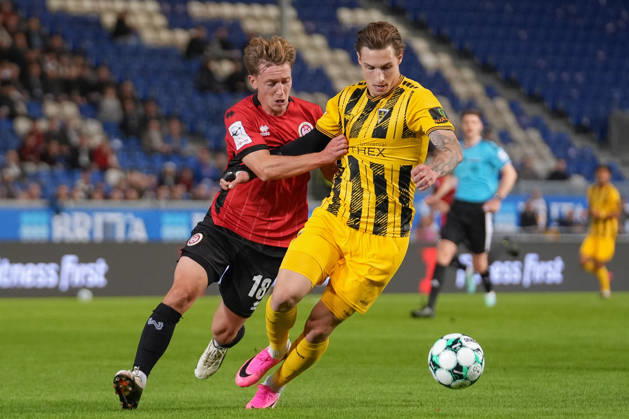 Germany Soccer 3rd Division 2026–2027, Matchday 9: SV Wehen Wiesbaden vs. TSV Alemannia Aachen at Brita Arena, Wiesbaden; Fabian Greilinger (SVWW), No. 18, in a tackle with Daniel Starodid (TSV), No. 9 Copyright: xTobiasxWentzellx
