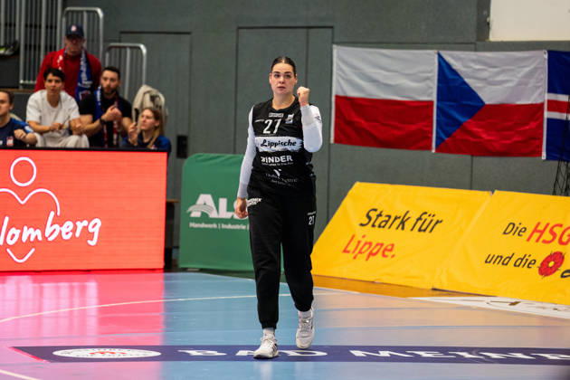 HSG Blomberg Lippe GER vs. HC Leipzig GER, Handball, Women s Handball Bundesliga 1, Matchday 6, 2026–2027 Season, Blomberg, October 14, 2026—Lara Lepschi of HSG Blomberg Lippe, 27, celebrates after a save at the Blomberg Synflex Arena on Ulmenallee, Germany