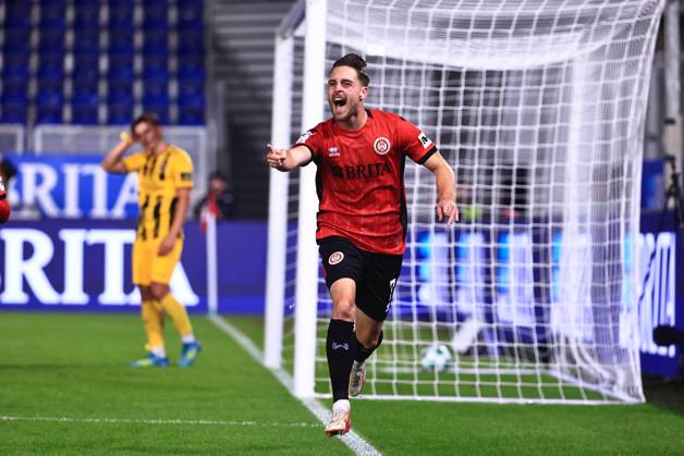 Lukas Schleimer of SV Wehen Wiesbaden (07) celebrates his goal to make it 1–0 against Alemannia Aachen (GER), SV Wehen Wiesbaden vs. Alemannia Aachen, Soccer, 3. Liga, Matchday 9, 2026–2027 season, October 14, 2026 DFB regulations prohibit any use of photographs as image sequences and or quasi-video, GER, SV Wehen Wiesbaden vs. Alemannia Aachen, Soccer, 3rd Division, Matchday 9, 2026–2027 Season, October 14, 2026, Wiesbaden Copyright: xEibner-Pressefoto RenexWeissx EP_RWS