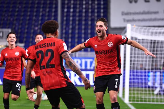 Lukas Schleimer, SV Wehen Wiesbaden, No. 07, right, celebrates his goal to make it 1–0 against Alemannia Aachen with Roberto Massimo of SV Wehen Wiesbaden, No. 22, center GER, SV Wehen Wiesbaden vs. Alemannia Aachen, soccer, 3rd Division, Matchday 9, 2026–2027 season, October 14, 2026 DFB regulations prohibit any use of photographs as image sequences and or quasi-video GER, SV Wehen Wiesbaden vs. Alemannia Aachen, soccer, 3rd League, Matchday 9, 2026–2027 season, October 14, 2026, Wiesbaden Copyright: xEibner-Pressefoto RenexWeissx EP_RWS