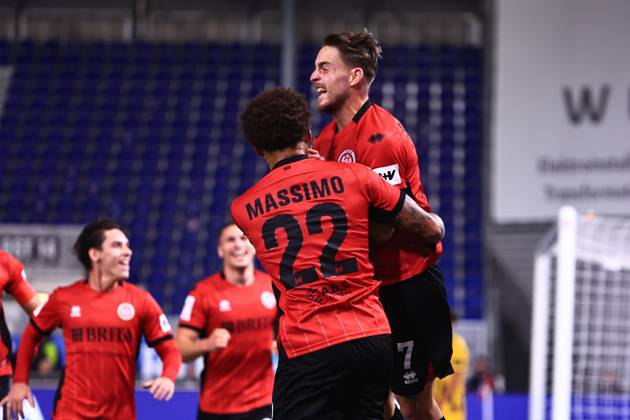Lukas Schleimer, SV Wehen Wiesbaden, No. 07, right, celebrates his goal to make it 1–0 against Alemannia Aachen with Roberto Massimo of SV Wehen Wiesbaden, No. 22, center GER, SV Wehen Wiesbaden vs. Alemannia Aachen, soccer, 3rd Division, Matchday 9, 2026–2027 season, October 14, 2026 DFB regulations prohibit any use of photographs as image sequences and or quasi-video GER, SV Wehen Wiesbaden vs. Alemannia Aachen, soccer, 3rd League, Matchday 9, 2026–2027 season, October 14, 2026, Wiesbaden Copyright: xEibner-Pressefoto RenexWeissx EP_RWS