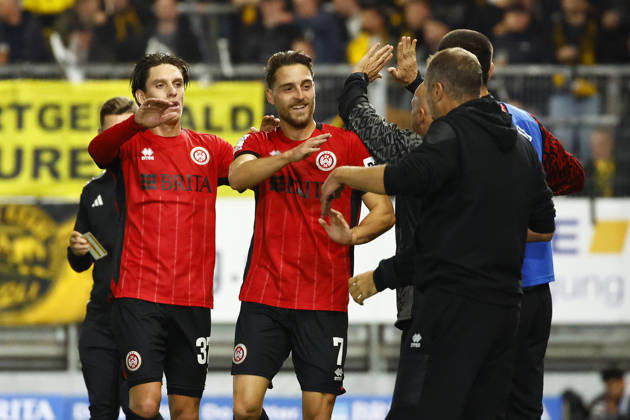 October 14, 2026, xavx, Soccer 3rd Division, SV Wehen Wiesbaden vs. Alemannia Aachen, l Lukas Schleimer, SV Wehen Wiesbaden celebrate the goal, The goal celebration for Wiesbaden s 1-0 lead