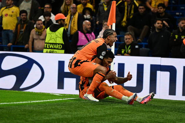 LONDON, ENGLAND - OCTOBER 14: Vinicius Tobias of Shakhtar Donetsk celebrates their second goal with his team mates during the UEFA Champions League 2026 27 League Phase MD2 match between FC Shakhtar Donetsk and AEK Athens at Stamford Bridge on October 14, 2026 in London, England. (Photo by Yaroslav Dunka Sports Press Photo) Copyright: xYaroslavxDunkax xSPPx Sportspressphoto_SPR255974