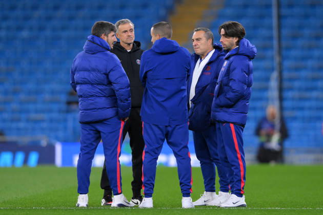 MANCHESTER, ENGLAND - OCTOBER 14: Paris Saint-Germain Manager Luis Enrique with his coaching staff during the UEFA Champions League 2026 27 League Phase MD2 match between Manchester City and Paris Saint-Germain at City of Manchester Stadium on October 14, 2026 in Manchester, England. Copyright: xMBxMediax