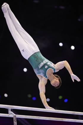 Radomyr Stelmakh, GER, during podium practice at the 2026 World Championships in Rotterdam on October 15, 2026