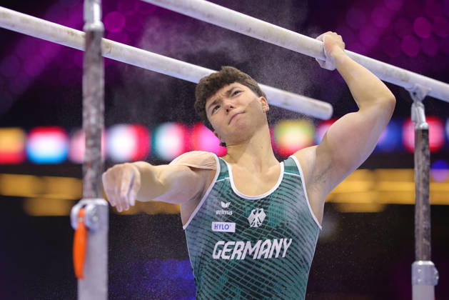 Radomyr Stelmakh, GER, during podium practice at the 2026 World Championships in Rotterdam on October 15, 2026