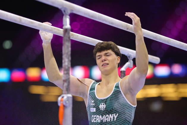 Radomyr Stelmakh, GER, during podium practice at the 2026 World Championships in Rotterdam on October 15, 2026
