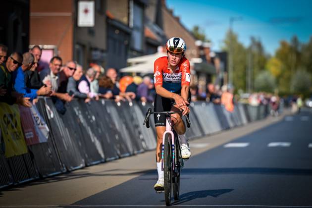 Luxembourg s Marie Schreiber crosses the finish line of the women elite race of the Kermiscross cyclocross cycling event, on Thursday 15 October 2026, in Ardooie. DAVIDxPINTENS  x189892235x